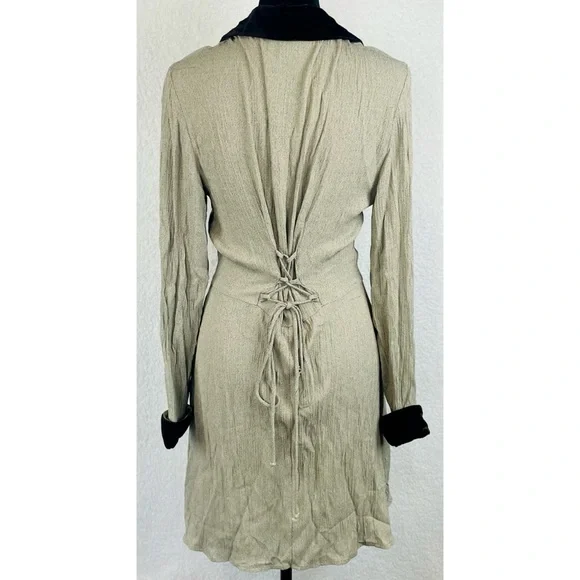 (VTG) CITY TRIANGLES • Sand/Brown Velvet Trim Button Long Sleeve Mini Dress, 7 - Picture 6 of 16